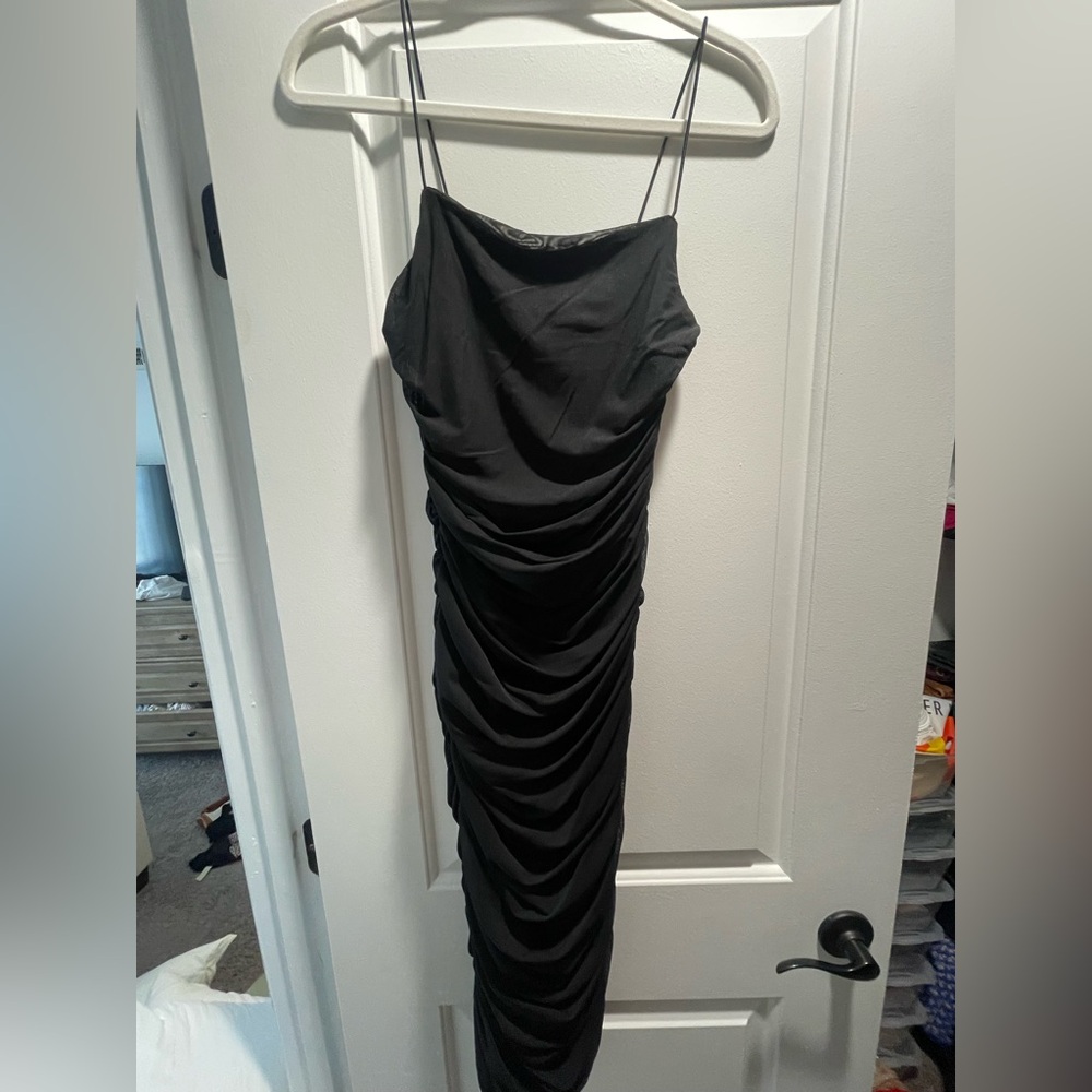 Bardot ruched mesh midi dress